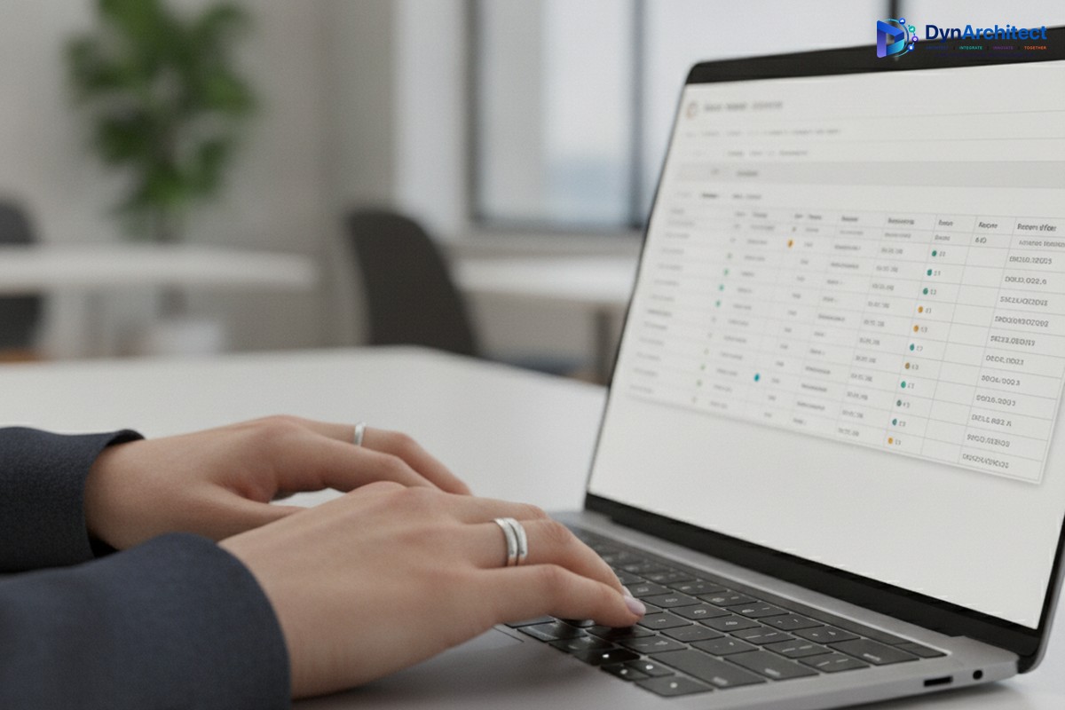 Close-up of hands reviewing a voucher transaction table with reference and status columns on a laptop