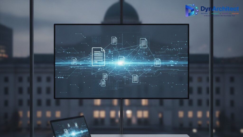 Abstract visualization of connected electronic invoices flowing on a monitor in a European finance office, representing the France e-invoicing mandate for Dynamics 365 Finance.