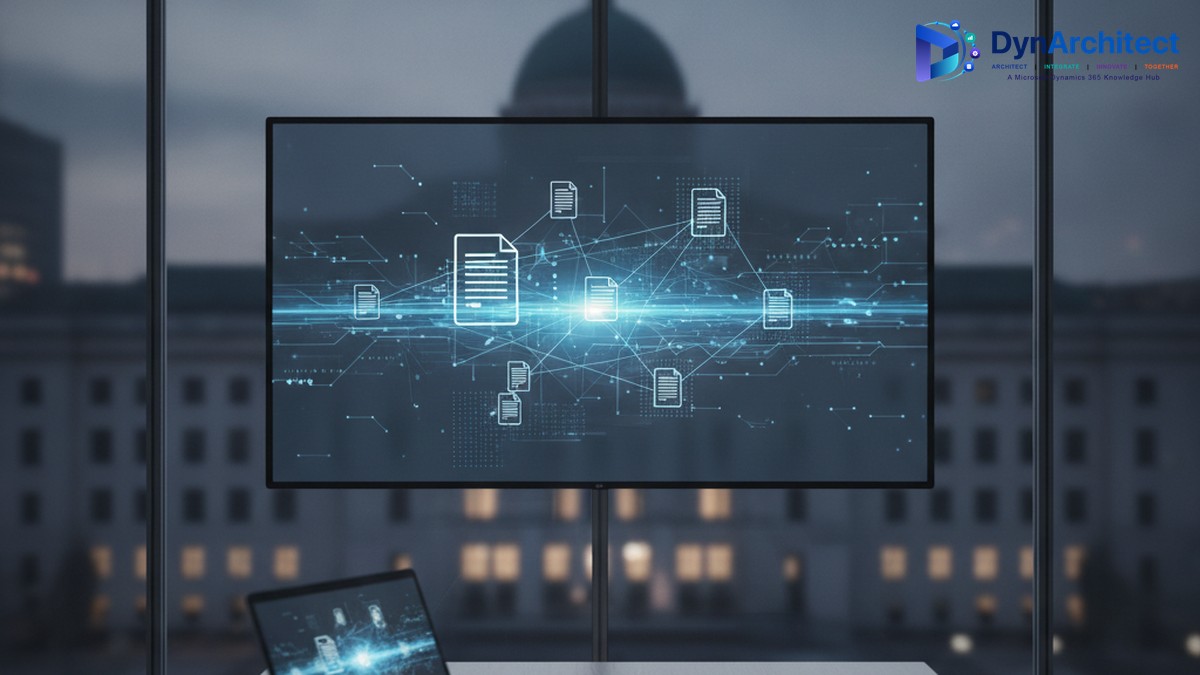 Abstract visualization of connected electronic invoices flowing on a monitor in a European finance office, representing the France e-invoicing mandate for Dynamics 365 Finance.