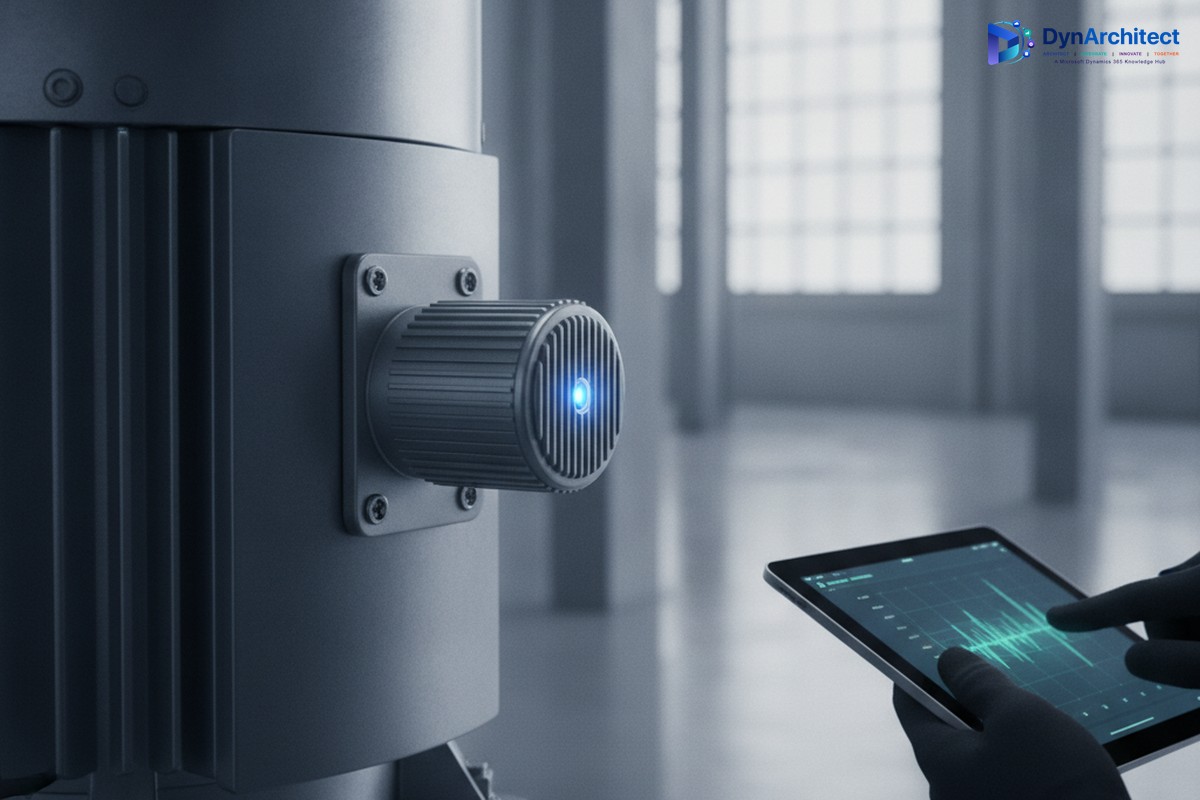 Wireless industrial sensor mounted on factory equipment with a technician viewing vibration data on a tablet