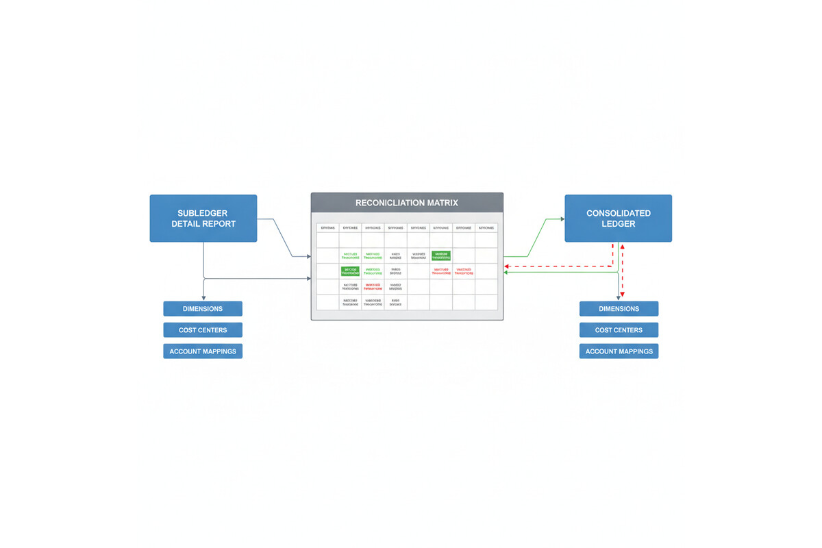 Intercompany reconciliation matrix showing matched and unmatched transaction entries