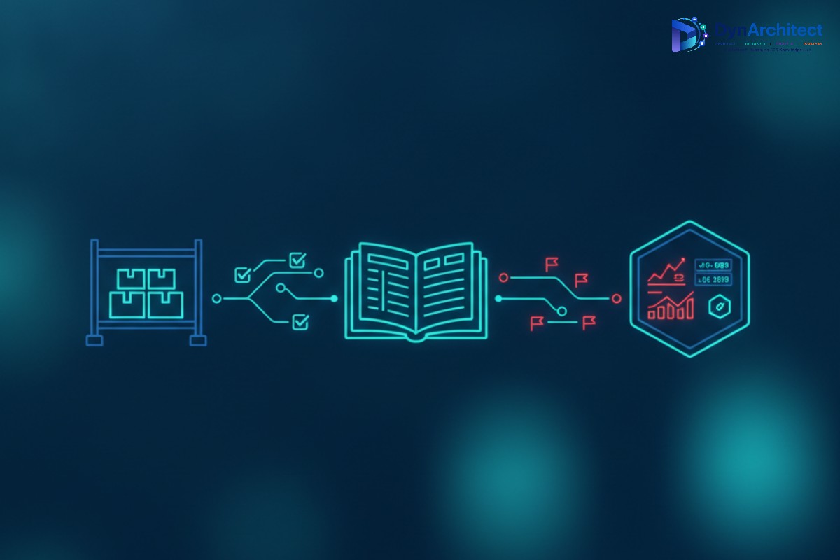 Abstract illustration of data connections between warehouse inventory and a financial general ledger