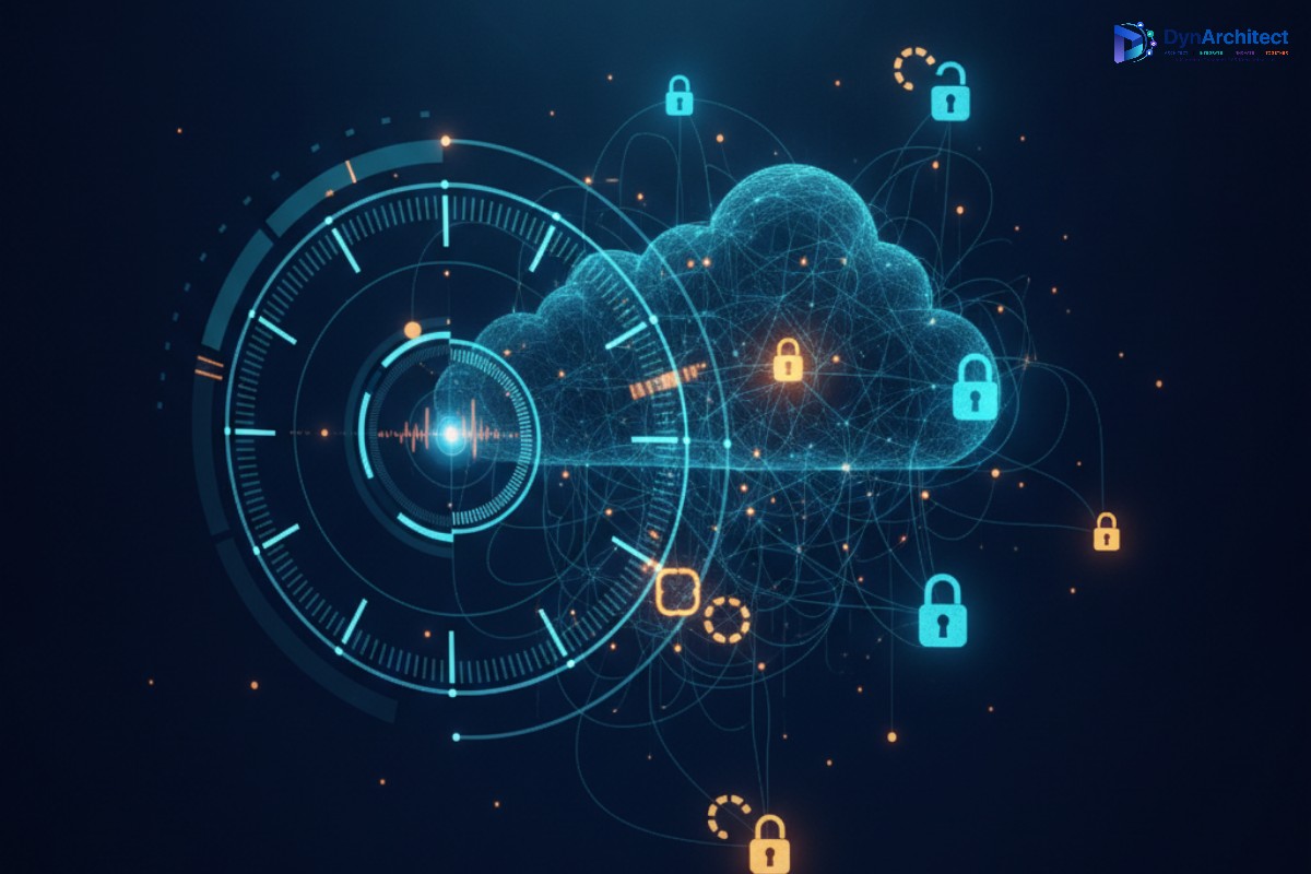 Abstract illustration of a countdown clock merging with a network of cloud environment nodes, some locked and some unlocked