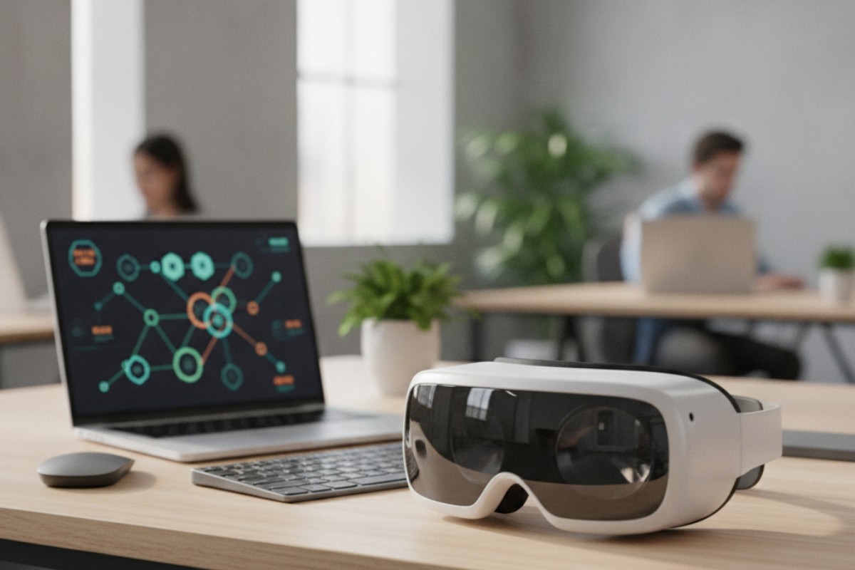 Mixed reality headset resting on a desk next to a laptop showing a dashboard