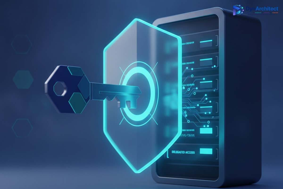 Illustration of a digital key passing through a secure gateway into a server, representing an OAuth 2.0 delegated authentication flow for an MCP server