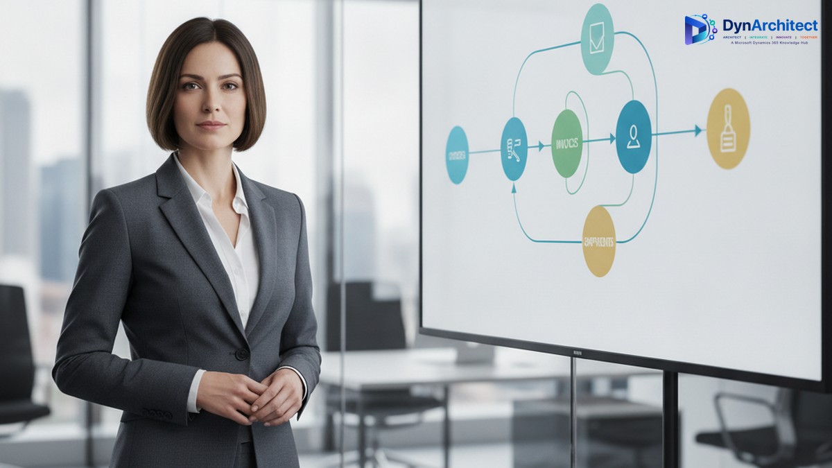 A finance operations leader reviewing a process mining dashboard showing connected order, invoice, and payment flows