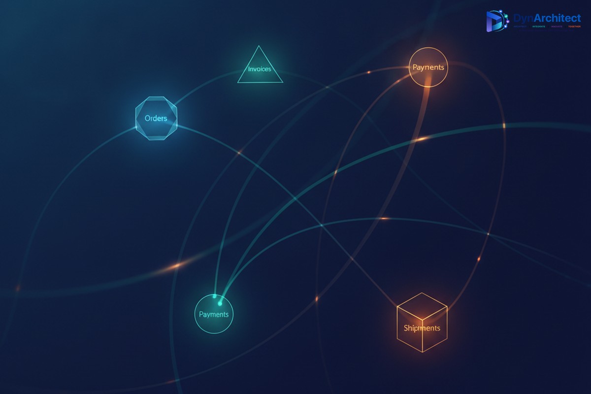 An abstract illustration of connected order, invoice, and payment objects intersecting in a process map
