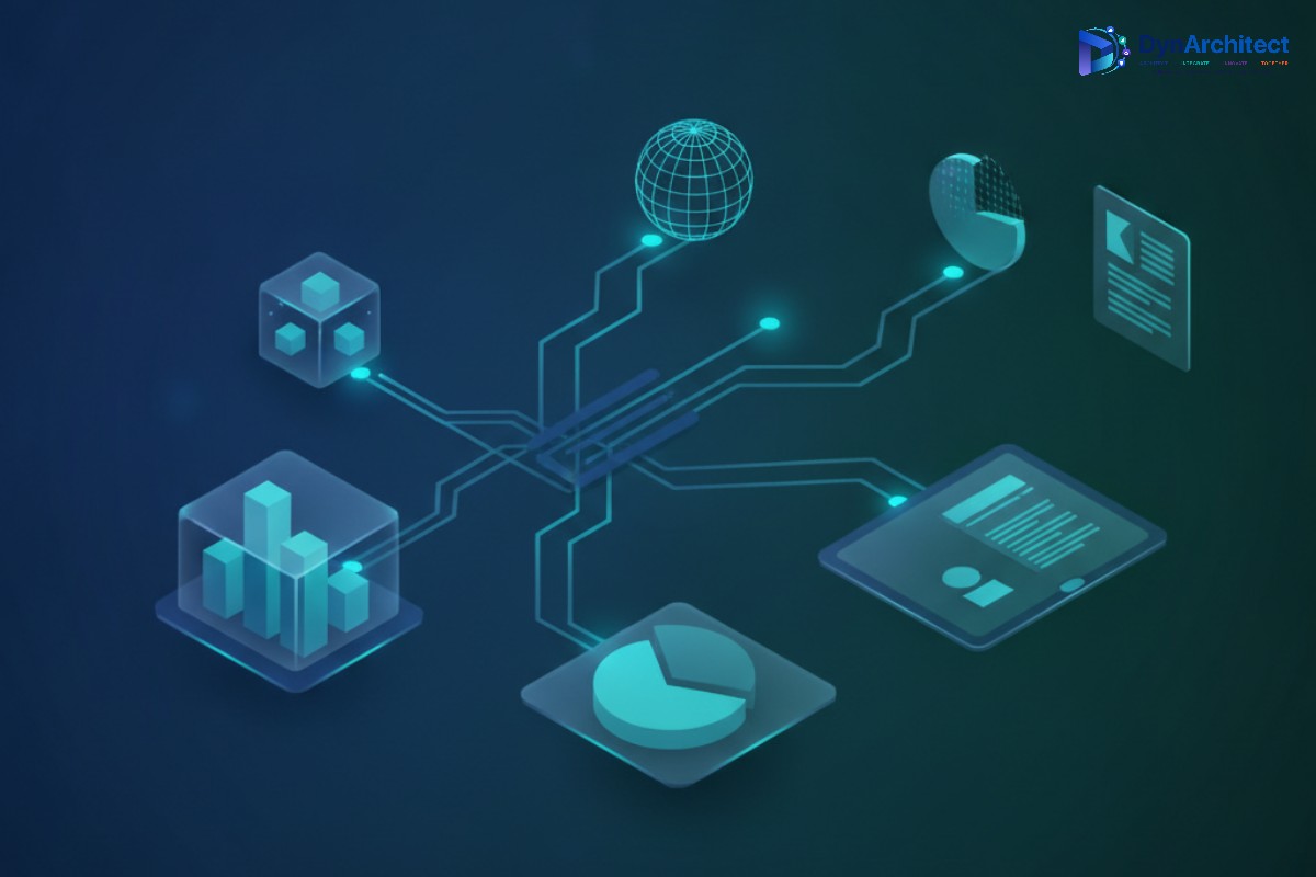 Abstract illustration of branching and merging version control lines connecting to report dashboard blocks