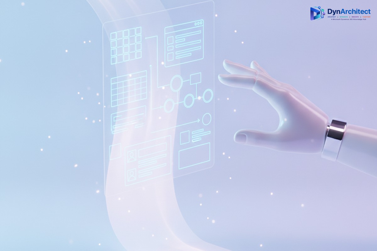 Abstract illustration of an AI-generated application blueprint with tables and workflow icons being approved by hand