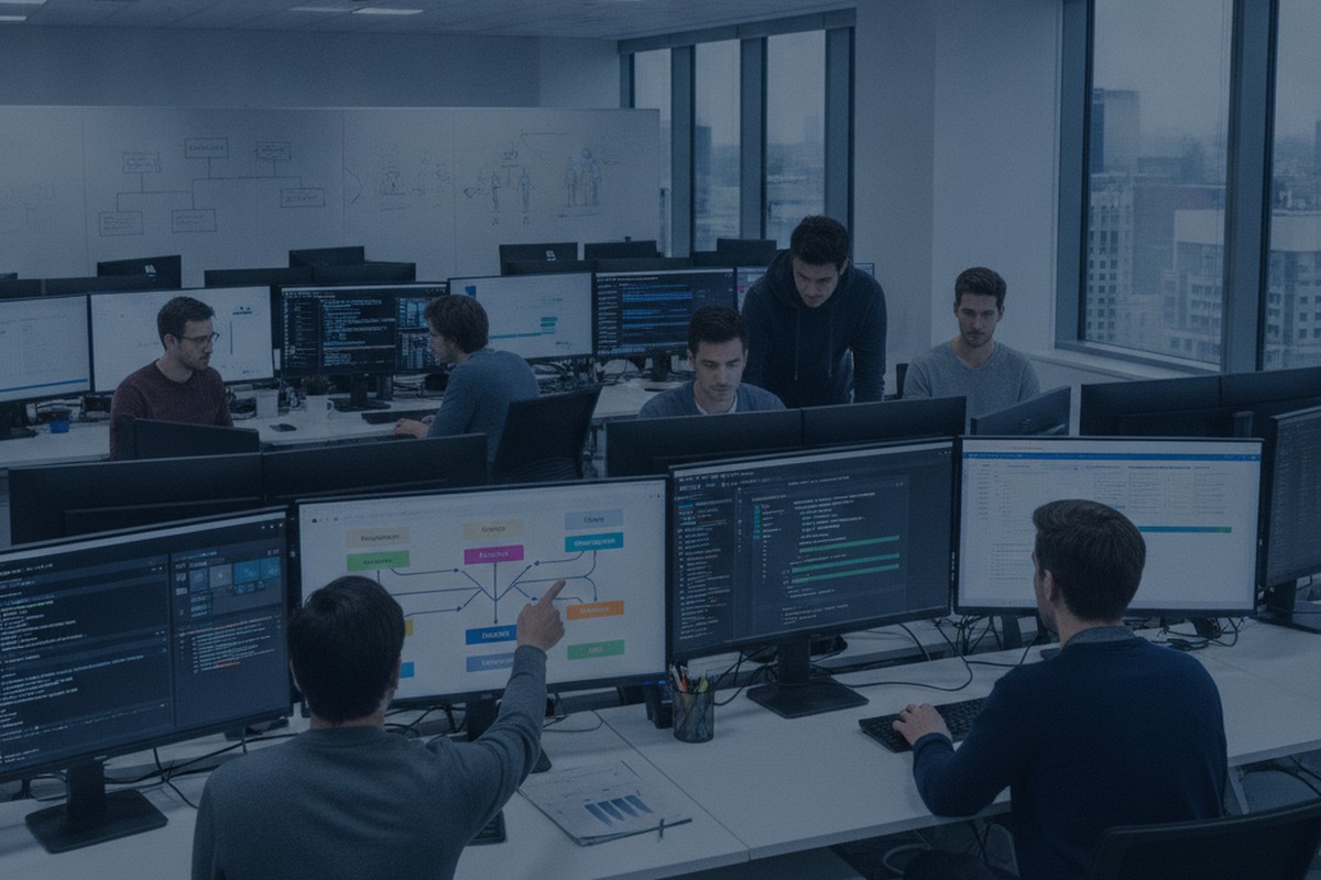 Enterprise development team collaborating with ALM workflows and CI/CD pipelines on display monitors
