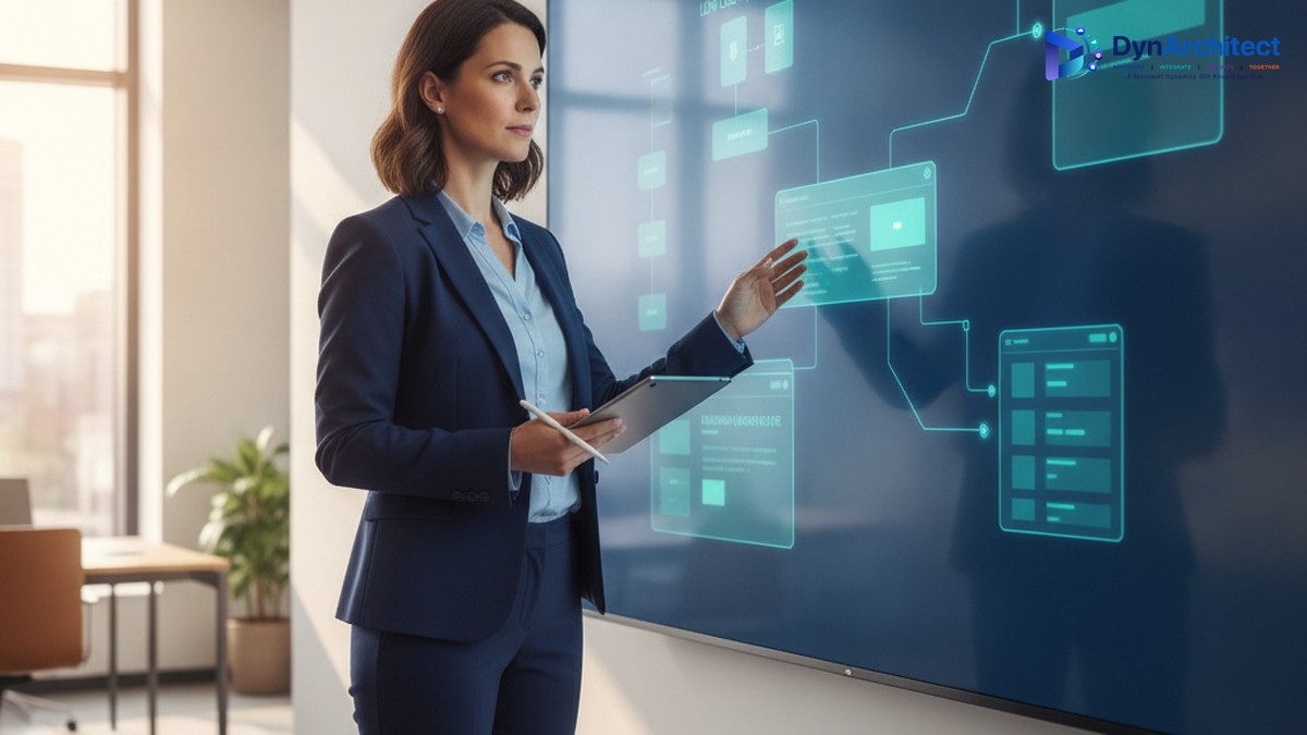 IT governance analyst reviewing AI-assisted low-code application development activity on a large display