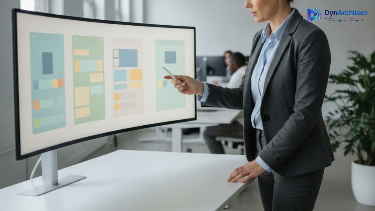 Solution architect reviewing multiple Power Apps interface mockups on a monitor, representing component reuse across canvas apps