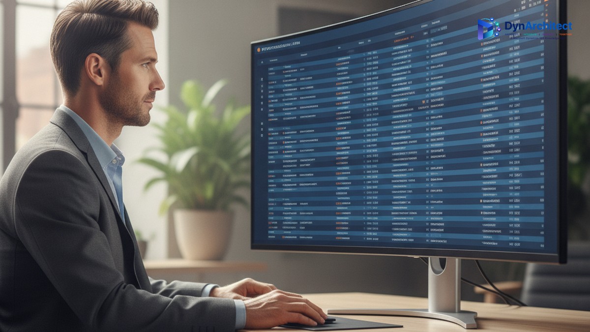 Solution architect reviewing a data table dashboard on a large monitor, illustrating enterprise data query review