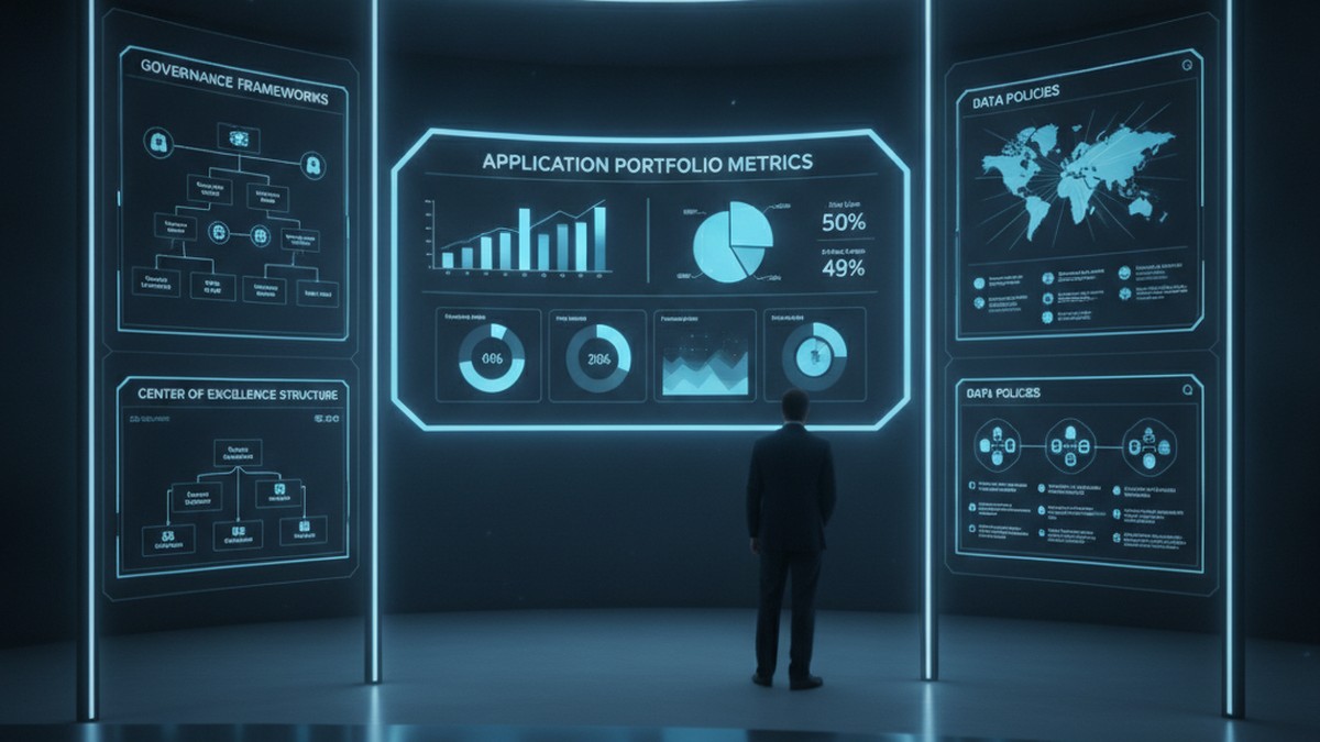 Enterprise Power Apps governance dashboard with application portfolio metrics and CoE framework