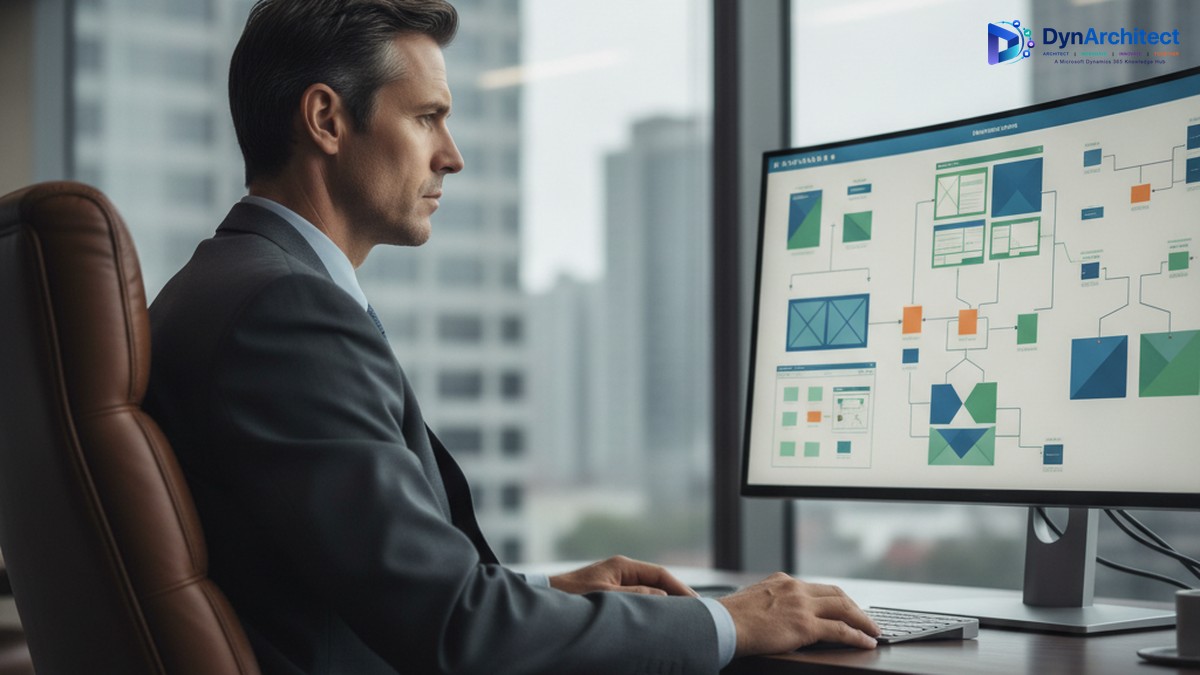 IT director reviewing an AI-generated model-driven app blueprint on a monitor