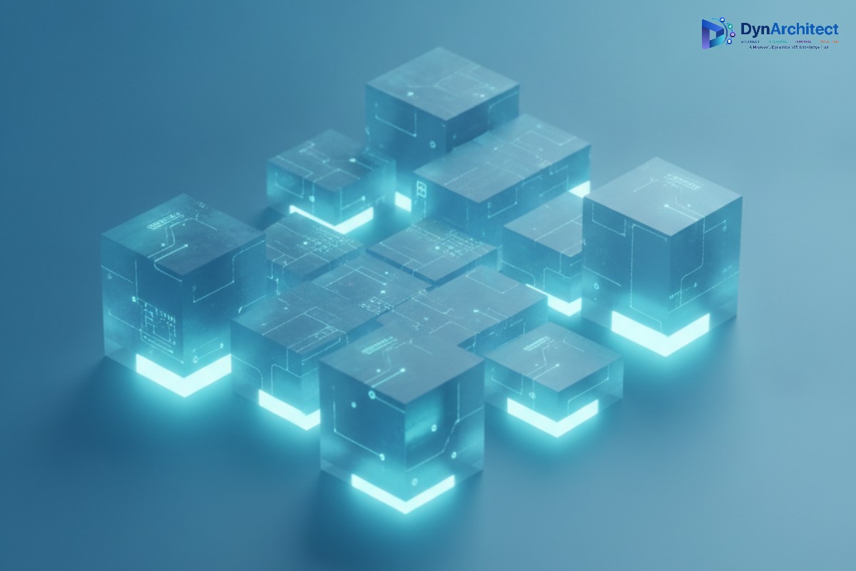 Abstract illustration of glowing modular panel blocks assembling together, representing reusable Power Apps components