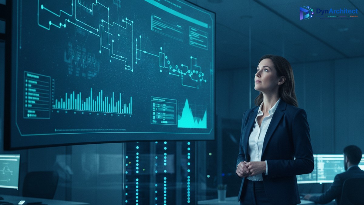 IT solutions architect reviewing a Power Automate integration flow dashboard on a large screen in an enterprise operations center