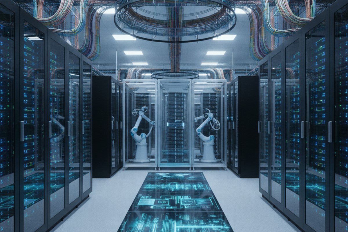 Enterprise data center with server racks and network connections representing cloud infrastructure and automation systems