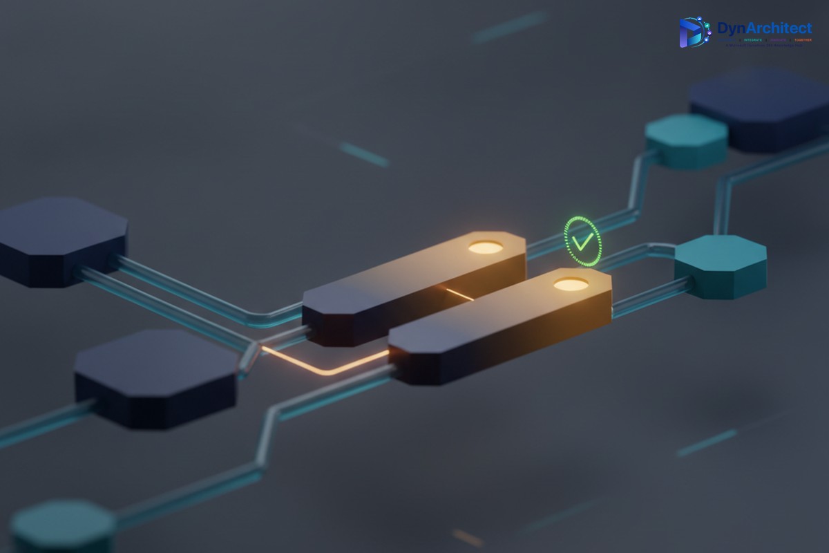 Abstract illustration of workflow nodes with a version comparison branch and a passed test checkmark