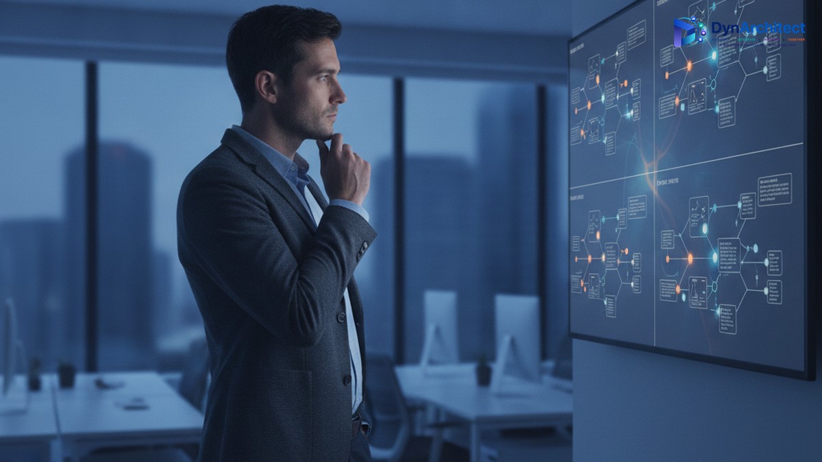 Solution architect reviewing a workflow version comparison on a monitor in a modern office