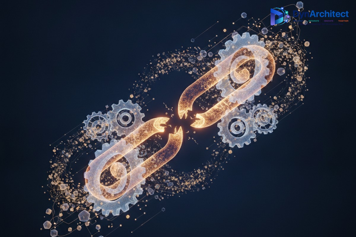 Abstract illustration of a broken chain link being reconnected by gears, representing Power Automate error handling and recovery
