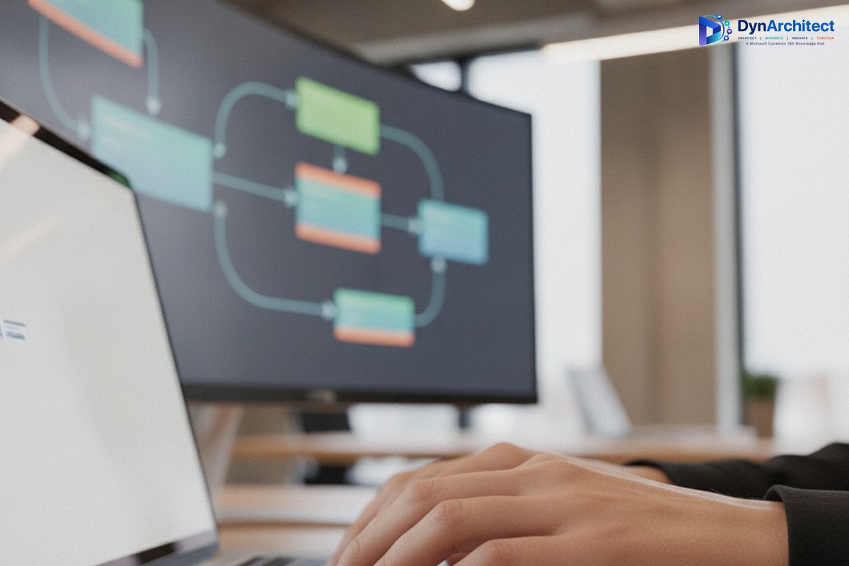 Developer typing on a laptop with a blurred Power Automate cloud flow diagram visible on a monitor in the background