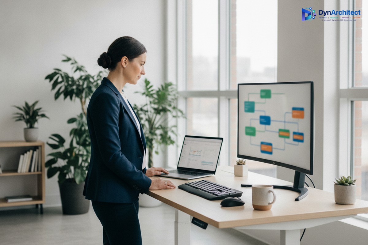 Finance operations analyst reviewing an automation workflow diagram on a monitor