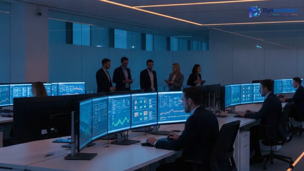 Finance operations team monitoring automated workflow dashboards in a modern control room