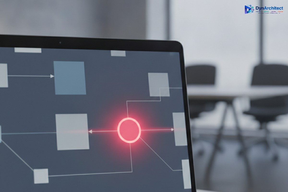 Close-up of a laptop screen showing a workflow diagram with one error node highlighted