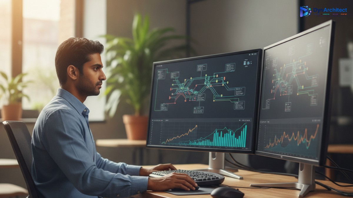 IT operations engineer monitoring automated workflow dashboards on multiple monitors