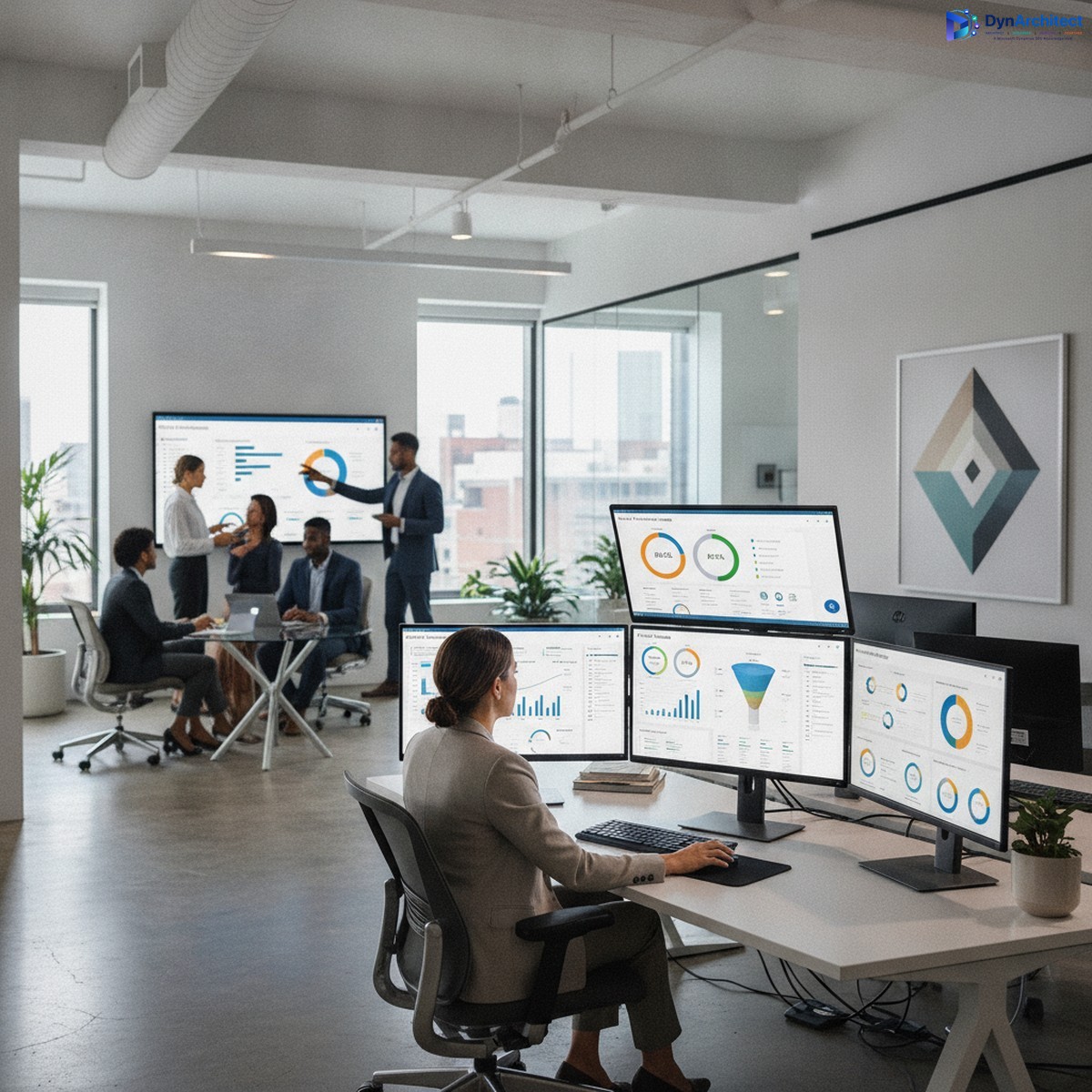 Power BI analyst working with dashboards in modern office environment