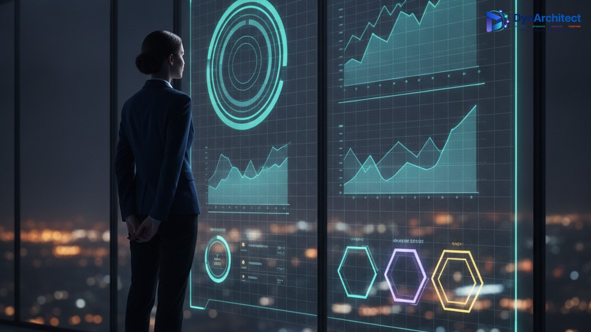 A solution architect reviews a data refresh and capacity monitoring dashboard on a large screen at night