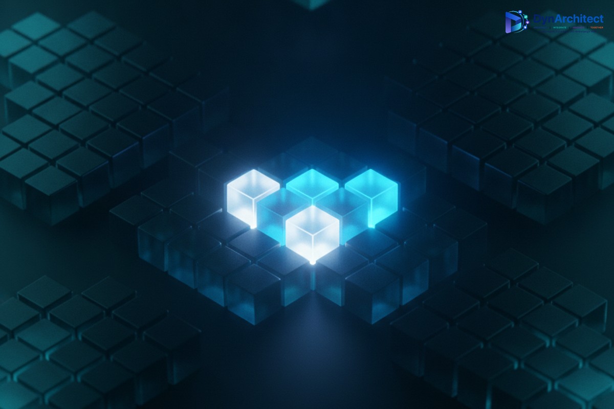 Abstract illustration of a few illuminated data table blocks refreshing among many dimmed, unchanged ones