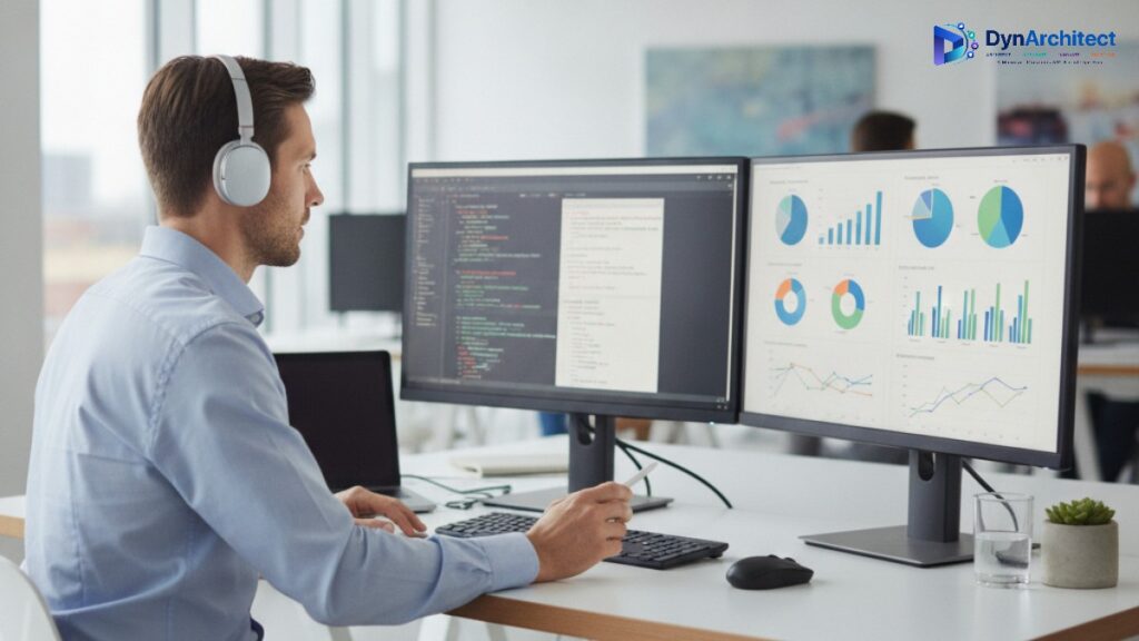 A solution architect reviewing a code diff and a business analytics dashboard on dual monitors in a modern office