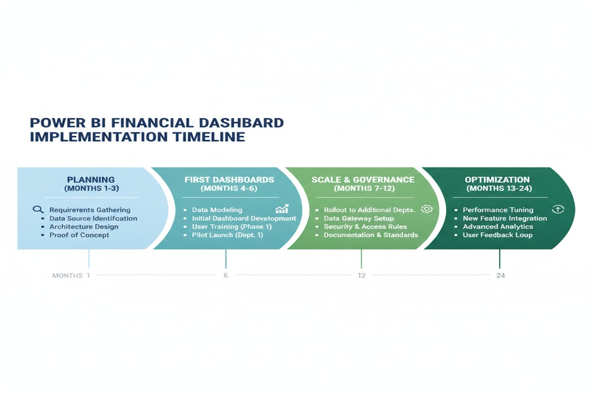 Timeline showing 24-month implementation roadmap for Power BI financial analytics