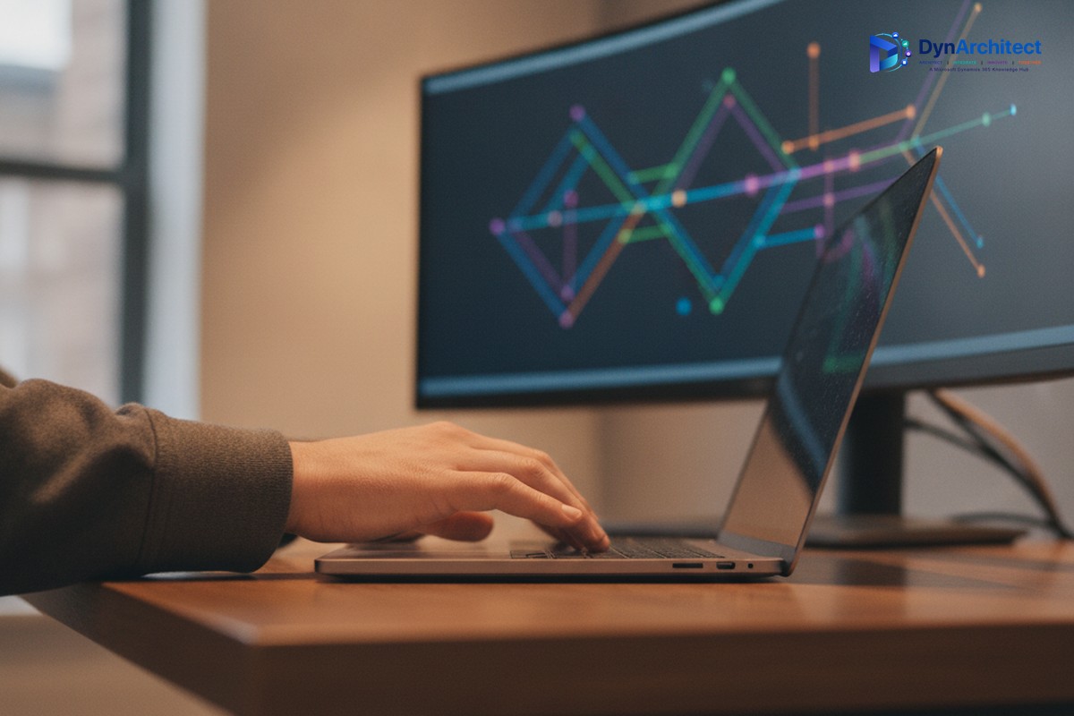 Developer typing Power Fx formula logic on a laptop with a monitor showing abstract code in the background