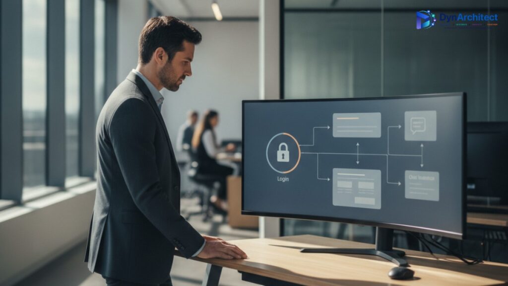 A solution architect reviewing a web portal authentication architecture diagram with a chat interface panel on a monitor in a modern office