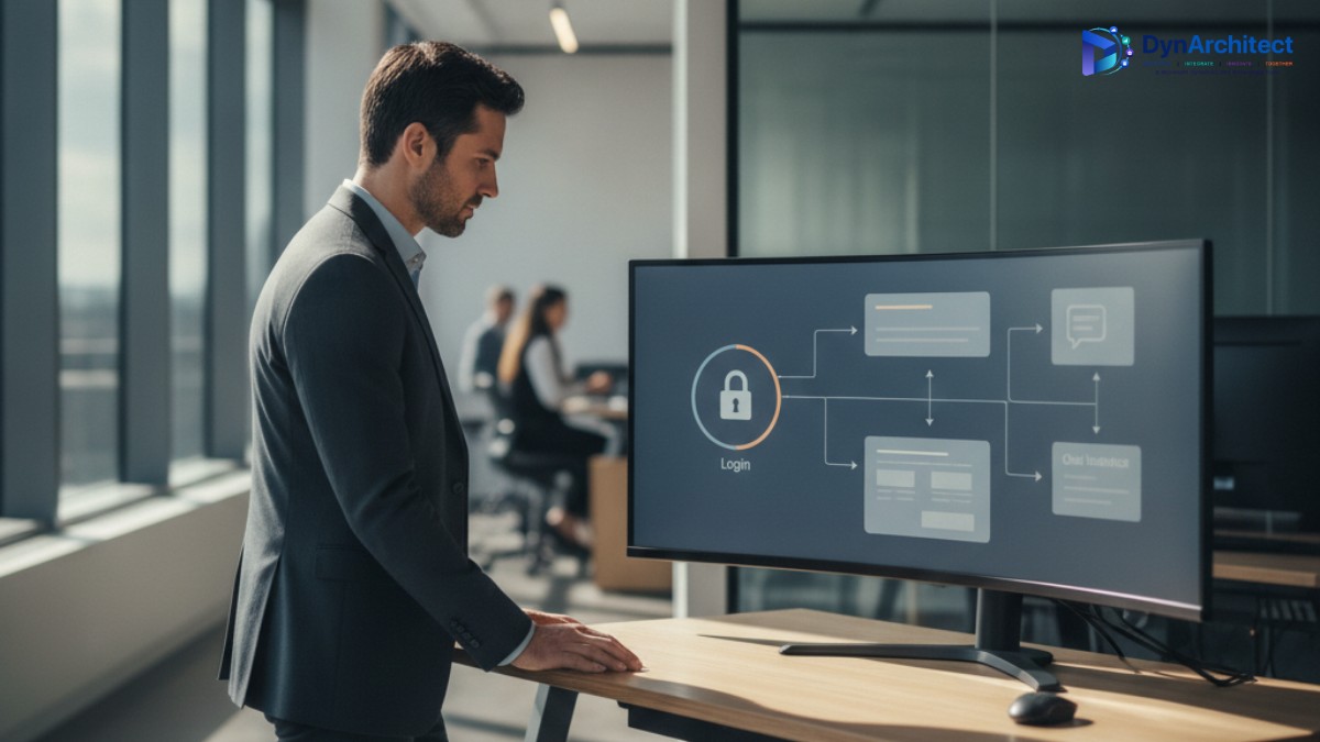 A solution architect reviewing a web portal authentication architecture diagram with a chat interface panel on a monitor in a modern office