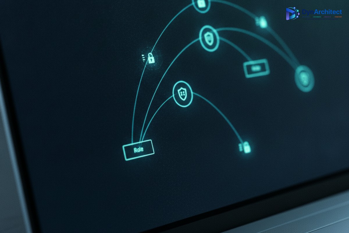 Abstract close-up of a laptop screen showing a glowing network authorization diagram with role and permission nodes