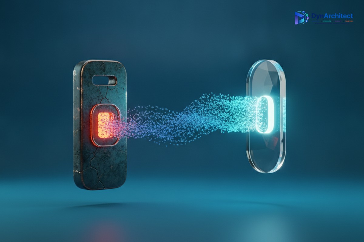 Abstract illustration of an aging security key transferring authentication to a new digital identity token, representing migration from Azure AD B2C to Microsoft Entra External ID