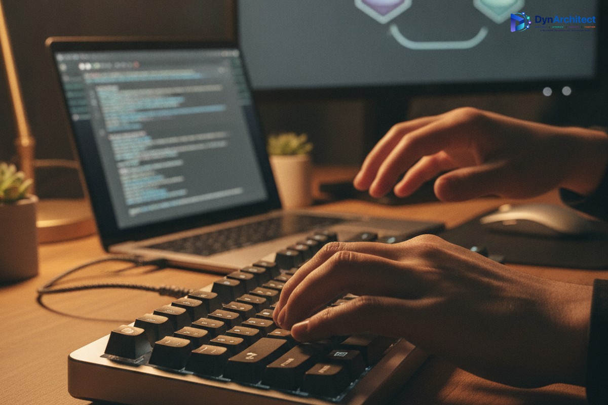 Close-up of a developer typing CLI migration commands with terminal windows and a data flow diagram in the background