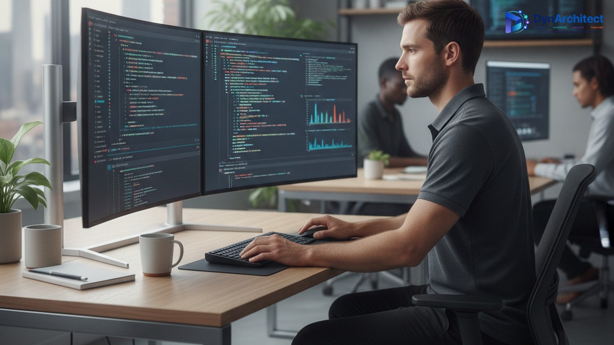 Developer working at a dual-monitor desk with code editors open, illustrating Power Pages Client API development
