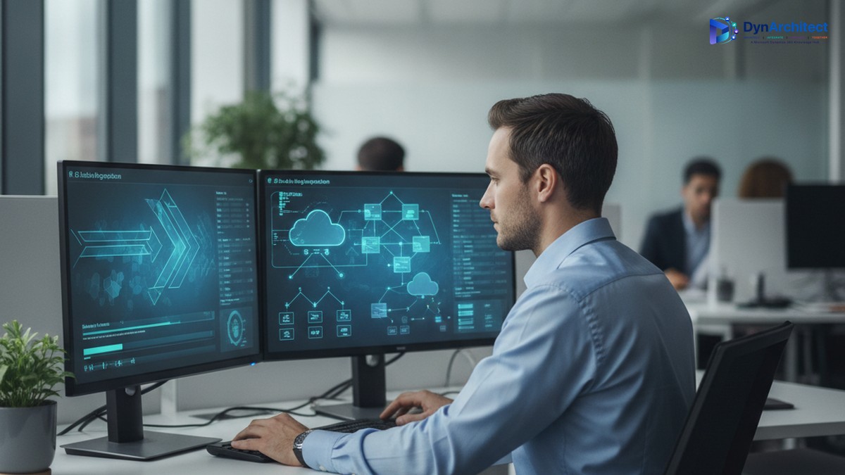 Solution architect reviewing data migration dashboards on a dual-monitor workstation in a modern office