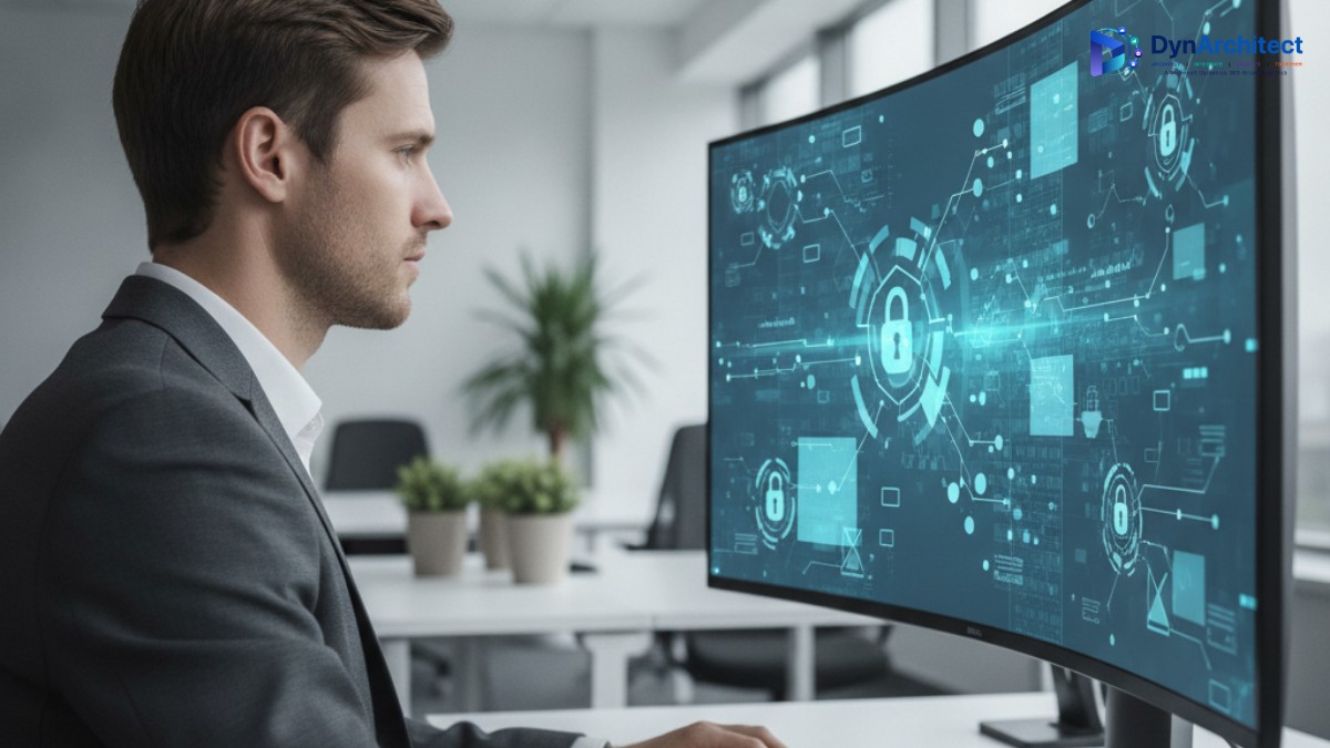 IT security professional reviewing an abstract portal permissions and access-control dashboard on a widescreen monitor