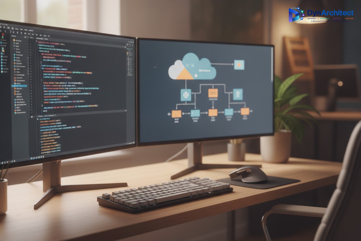 Developer workstation with a code editor and cloud API architecture diagram on dual monitors