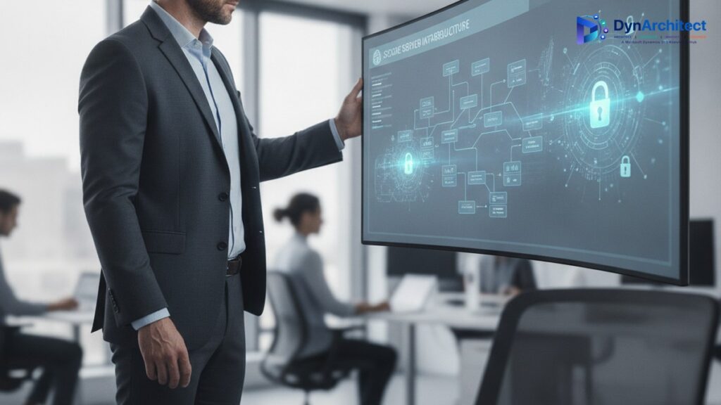 Solution architect reviewing a secure server infrastructure and API governance diagram on an office display