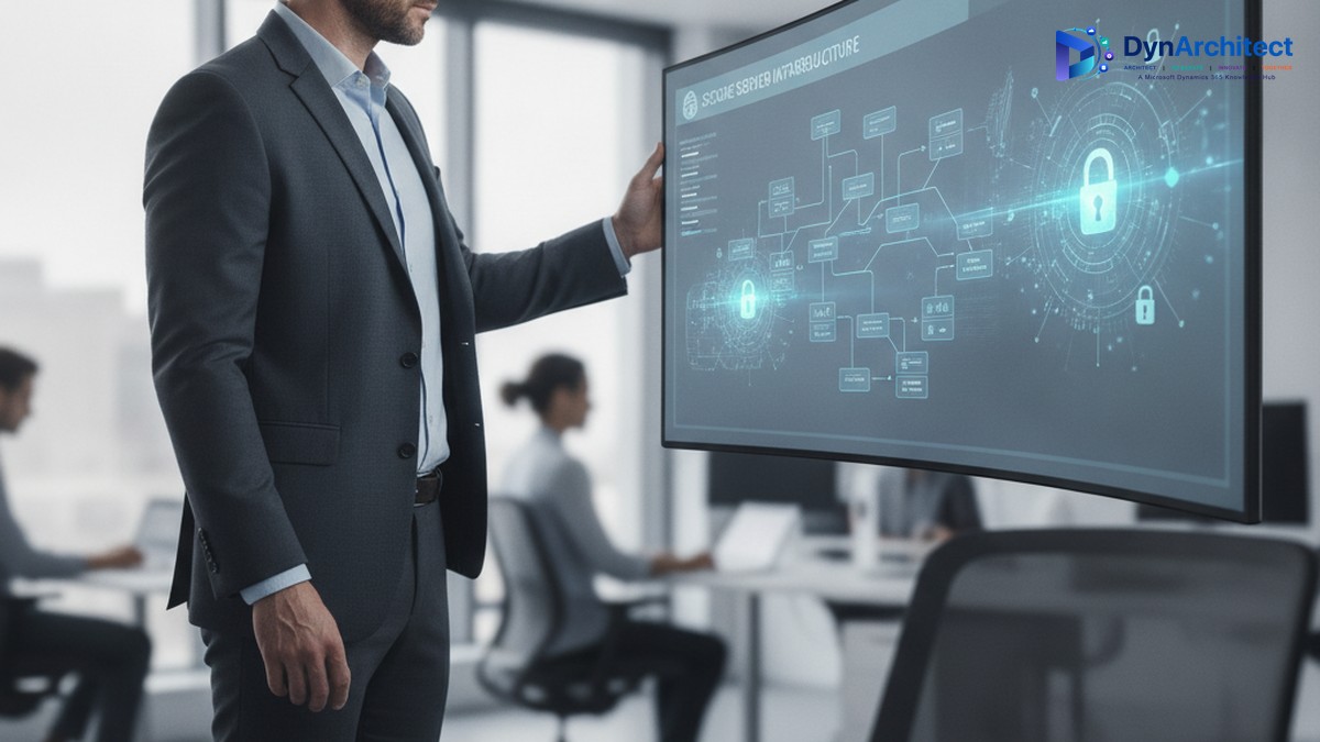 Solution architect reviewing a secure server infrastructure and API governance diagram on an office display