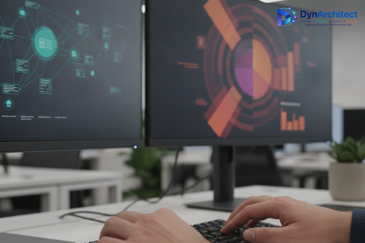 Solution architect typing at a keyboard with dual monitors showing governance and application inventory analytics