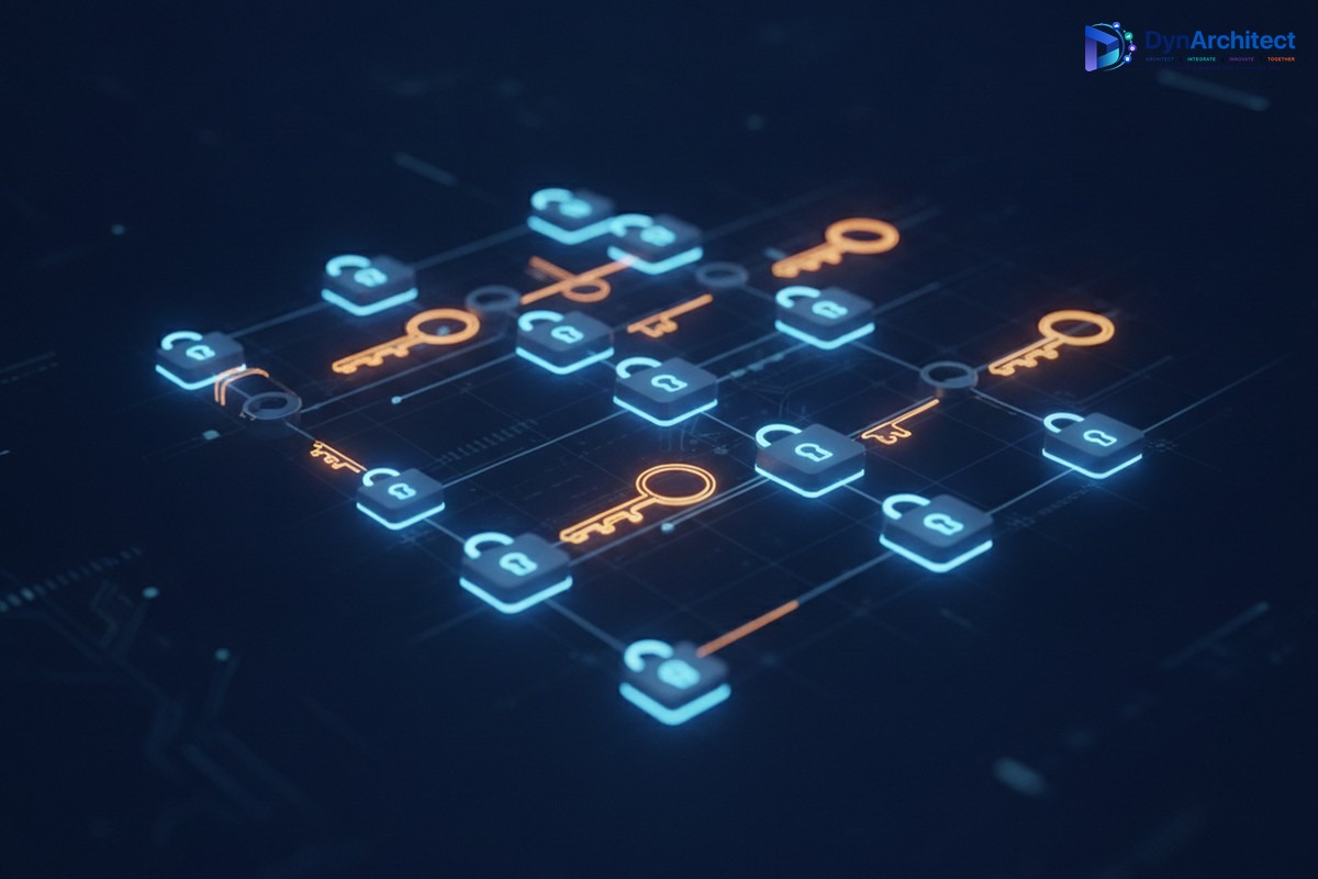 Abstract illustration of glowing padlock and key icons connected in a network, representing agent identity and access governance