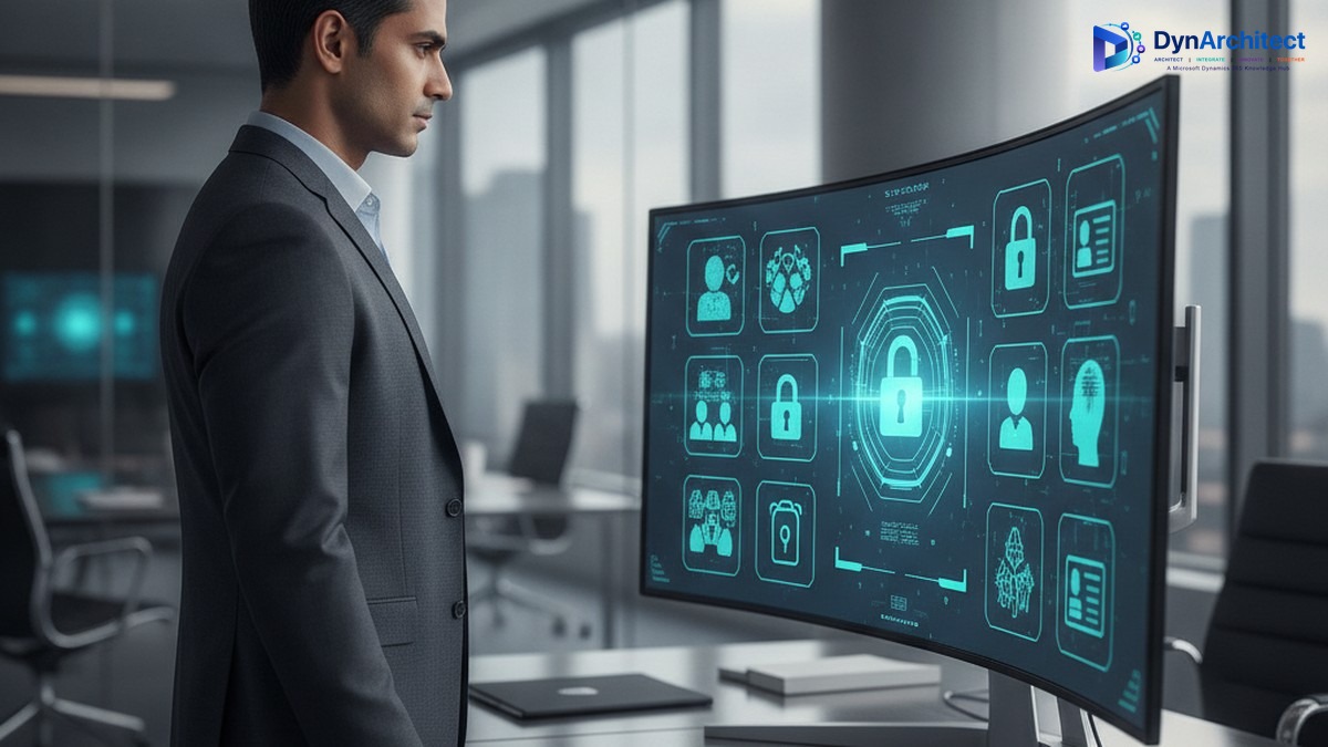 An IT administrator reviewing an agent identity and access governance dashboard on a large office monitor